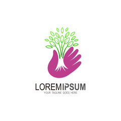 Tree logo and hand design combination, Nature icons, Care logo