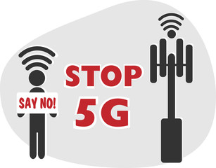 Stop 5G wifi protest simple illustration, man holding Say No sign, wireless antenna background

