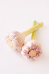2 heads of young garlic on a white background
