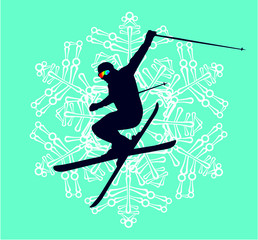 winter sport snowflake and skier print and embroidery graphic design vector art