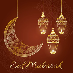 eid mubarak celebration lamps hanging with moon