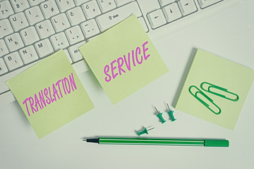 Conceptual hand writing showing Translation Service. Concept meaning the Equivalent Target Language...