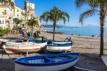 Fototapeta na wymiar Colorful fishing boats at Cetara beach, a small town on the Amalfi Coast famous for the “colatura di alici” fish sauce, Campania, Italy