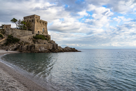The beach of Erchie, a small village on the Amalfi Coast dominated by the Cernaiola tower, Campania, Italy