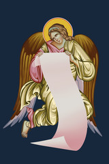 An angel with roll of parchment. Illustration in Byzantine style