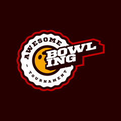Bowling vector logo. Modern professional Typography sport retro style vector emblem and template logotype design. Bowling blue logo.