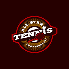 Tennis vector modern professional sport typography logotype in retro style. Vector design emblem, badge and sporty template logo design