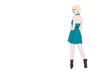 Cute hand drawn illustration of fashion girl with short blond hair. Jewel tone color. Sapphire blue. Girl has hand on hip and looks over her shoulder.