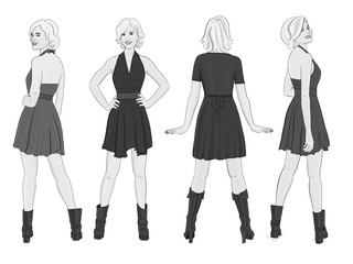 Cute hand drawn illustrations, set of four, fashion girl with short blond hair in different poses. Grayscale, black and white. Isolated.