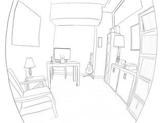 Hand drawn illustration. A beautiful office in a modern home, perfect for working from home, with hardwood floors and cool furniture.Color. Fisheye view with rounded edges.