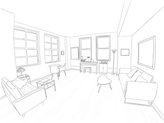 Hand drawn illustration. A beautiful living room in a modern home, with large windows, hardwood floors, and cool furniture. Black and white.