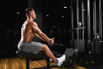 Fit and muscular man trains chest muscles on a block simulator in a gym. An ideal fitness model,...