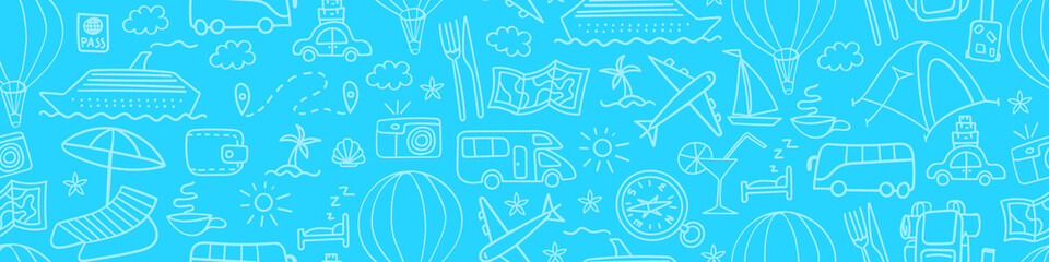 Travel and vacation seamless border. Summer tourism doodles. Outline vector illustration.
