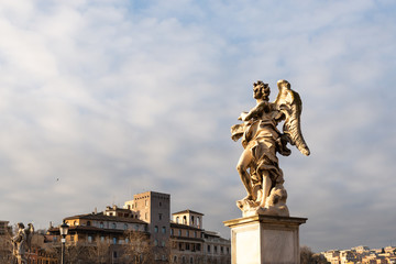 Ponte Sant'angelo. Pedestrian bridge over the Tiber, bridge of the Holy angel. Figure on the bridge close-up.