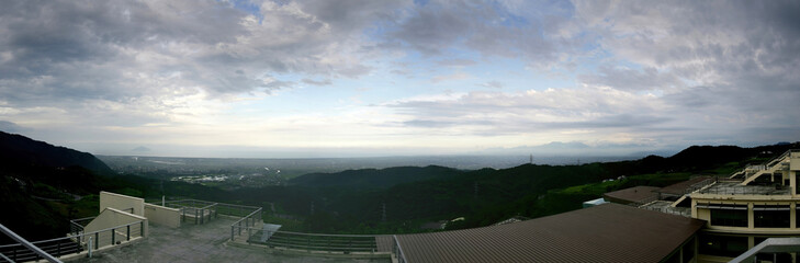 Cloudy high angle view of the Yilan plain landscape from Fo Guang University