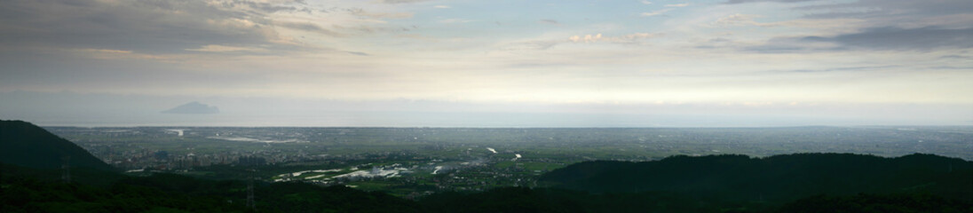 Cloudy high angle view of the Yilan plain landscape from Fo Guang University