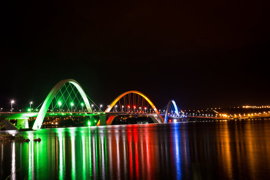 The Juscelino Kubitschek bridge in Bras&iacute;lia with a colorful illumination.