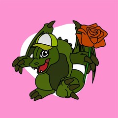 Illustration of Green Dragon wearing a Hat and Carrying Roses Cartoon, Cute Funny Character, Flat Design