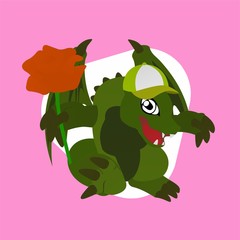 Illustration of Green Dragon wearing a Hat and Carrying Roses Cartoon, Cute Funny Character, Flat Design