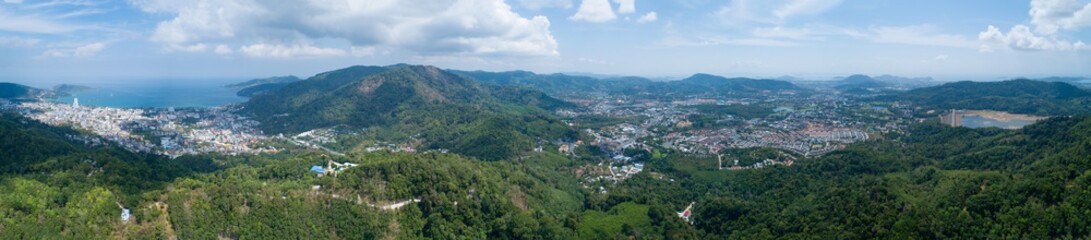 Panorama landscape Patong city and kathu district Phuket Thailand  from Drone camera High angle view.