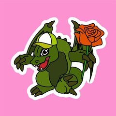 Stickers of Green Dragon wearing a Hat and Carrying Roses Cartoon, Cute Funny Character, Flat Design