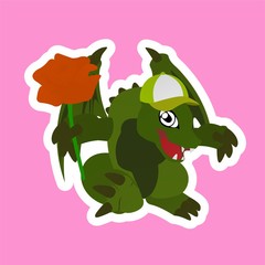 Stickers of Green Dragon wearing a Hat and Carrying Roses Cartoon, Cute Funny Character, Flat Design