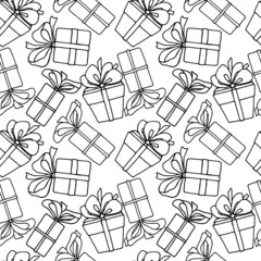 seamless pattern, vector illustrations, gift drawings in black and white, wallpaper ornament, wrapping paper, scrapbooking