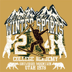 winter sports montain print and embroidery graphic design vector art