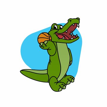 Illustration of Crocodile Stands While Holding a Basketball Cartoon, Cute Funny Character, Flat Design