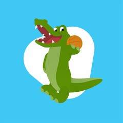 Illustration of Crocodile Stands While Holding a Basketball Cartoon, Cute Funny Character, Flat Design