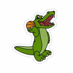 Stickers of Crocodile Stands While Holding a Basketball Cartoon, Cute Funny Character, Flat Design