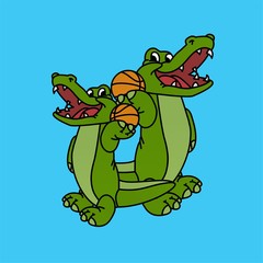 Illustration of Crocodile Stands While Holding a Basketball Cartoon, Cute Funny Character, Flat Design