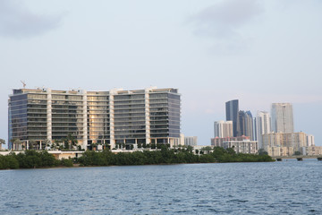 modern buildings skyscrapers on the water in Miami Florida