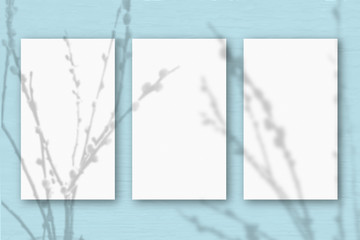 3 vertical sheets of textured white paper on soft blue green table background.Mockup overlay with the plant shadows. Natural light casts shadows from willow branches. Horizontal orientation