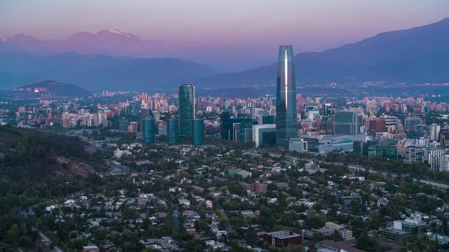 Santiago, Chile, day to night timelapse view of modern buildings in the financial district. 