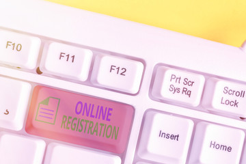 Writing note showing Online Registration. Business concept for Process to Subscribe to Join an event club via Internet