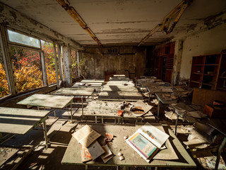 Classroom in the abandoned school in Pripyat. Chernobyl Exclusion Zone. Ukraine