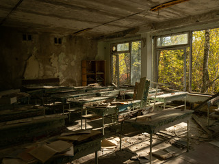 Classroom in the abandoned school in Pripyat. Chernobyl Exclusion Zone. Ukraine