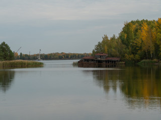 Fototapeta na wymiar Abandoned bay on the lake in Pripyat in Chernobyl Exclusion Zone. Ukraine.