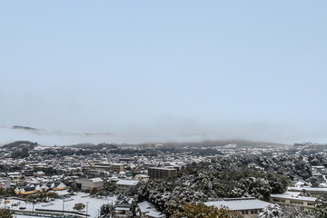 冬の福山城の天守から見た福山市の風景