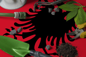 Albania flag with gardening tools background on table. Spring in the garden concept with free copy space.