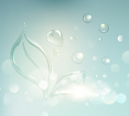 Water drop and line design of tree leaf over desaturated blue background. Vector illustration.