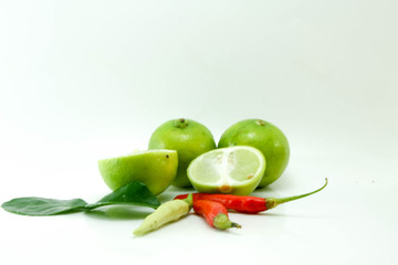 Lemon, lime leaf, chilli, mixed salad, spices