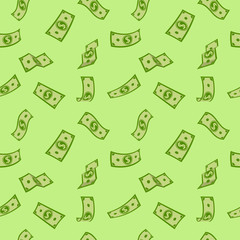 Seamless pattern money rain green flat cartoon. Paper notes flying in air. Money banknotes flying green background, various banknotes, different provisions. American money float. Vector illustration
