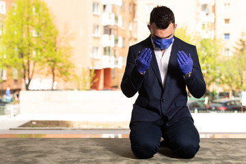 Muslim Praying and Wearing Protective Mask and Gloves