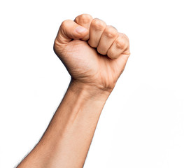Hand of caucasian young man showing fingers over isolated white background doing protest and...