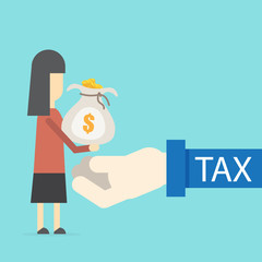 Tax concept. Businesswoman gave money bag on tax hand. Financial crisis, economic depression, crash financial