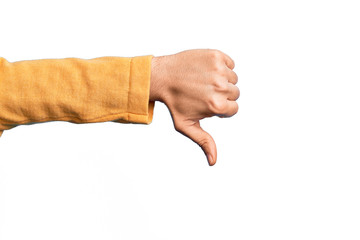 Hand of caucasian young man showing fingers over isolated white background doing thumbs down rejection gesture, disapproval dislike and negative sign