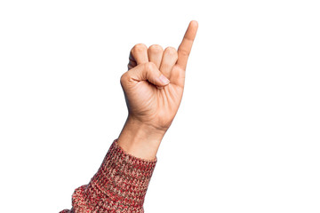 Hand of caucasian young man showing fingers over isolated white background showing little finger as...