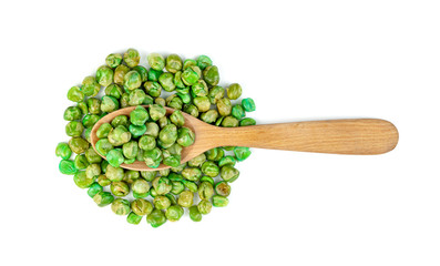 Green peas roasted with wooden spoon isolated on white background